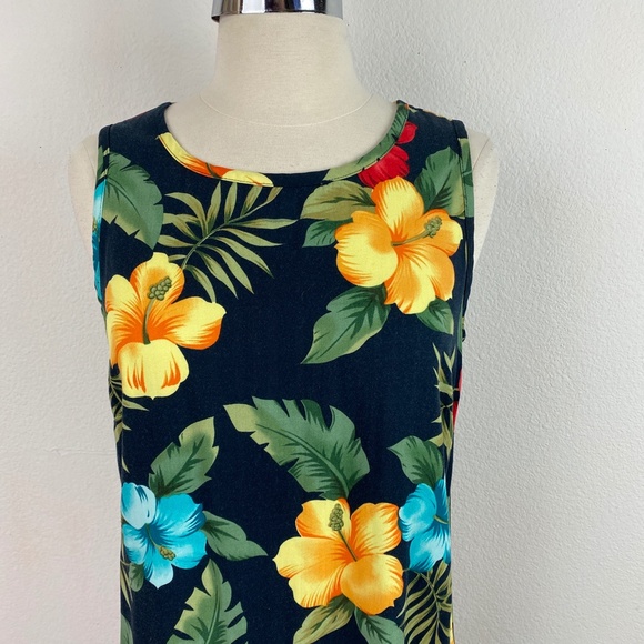 La Cabana Dark Blue Bright Floral Hawaiian Midi Dress Rayon Shift Sleeveless SM - Picture 2 of 10